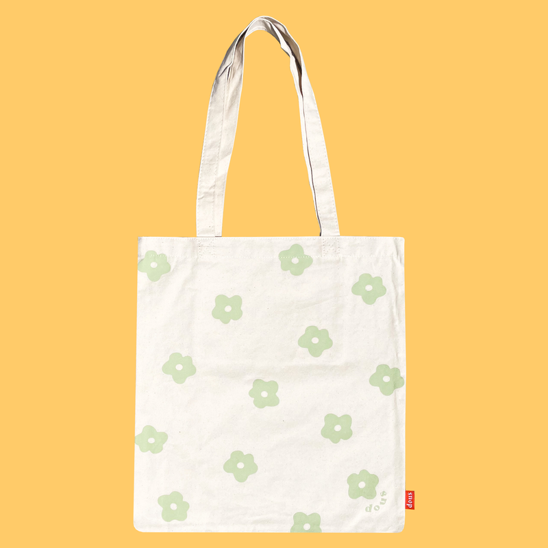 screen printed tote bag flower flower print with sage green matcha flowers all around with inner pocket including a zipper canvas material 100% cotton women owned small business asian owned small business nyc tote everyday tote summer tote picnic tote pinterest bag outfit ootd 